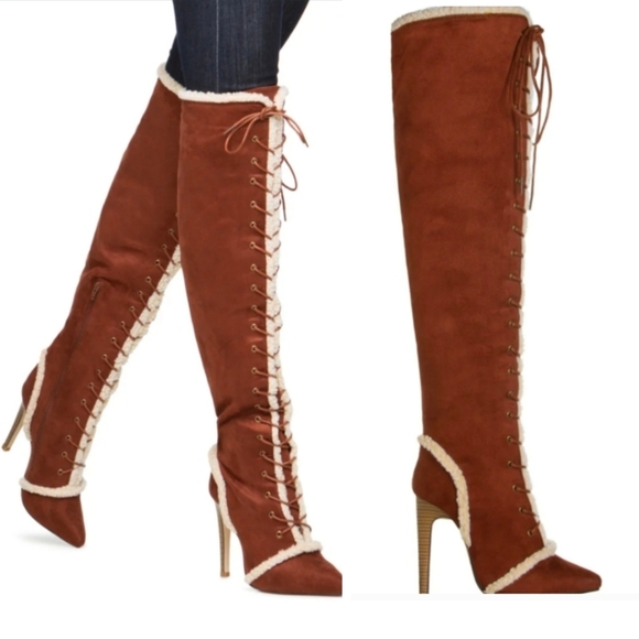 Shoe Dazzle Brown Over the Knee Lace-Up Boots - Picture 1 of 10